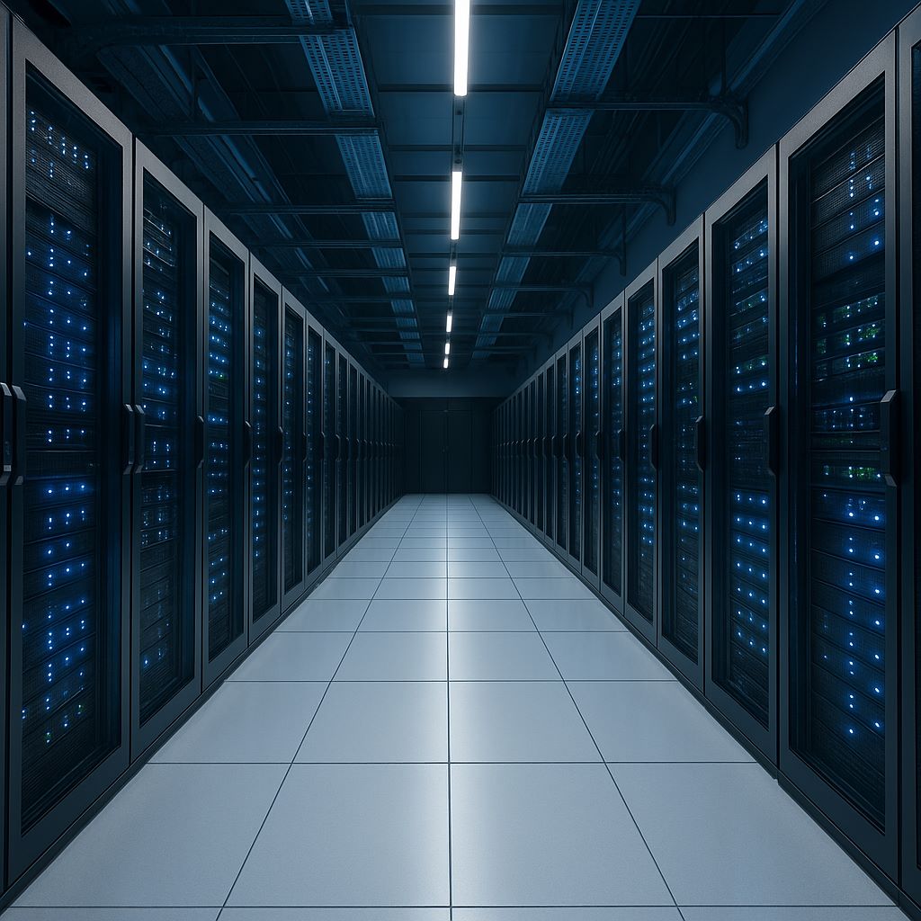 Imagem de um data center com servidores modernos